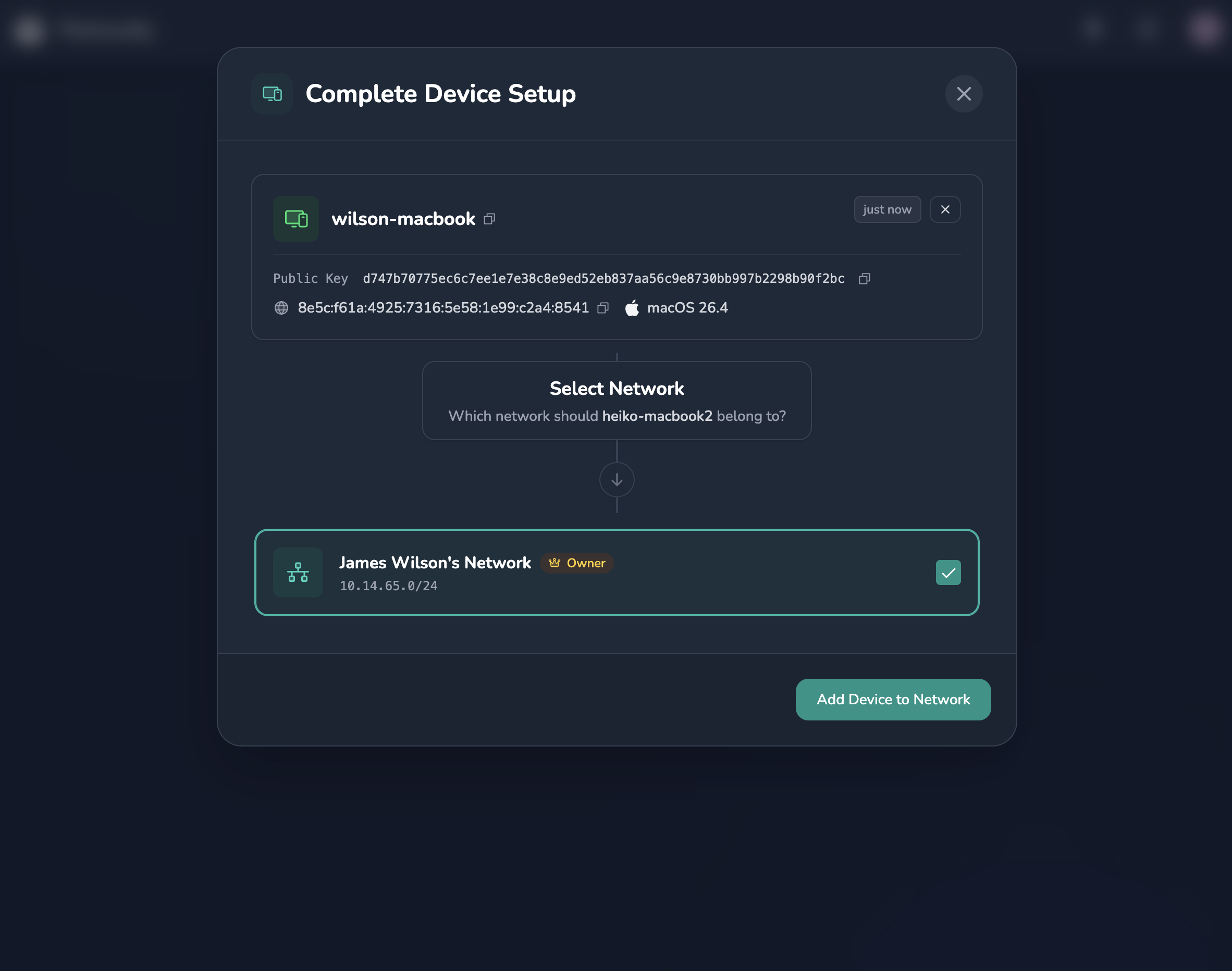 Netsody controller dialog for adding a paired device to a network