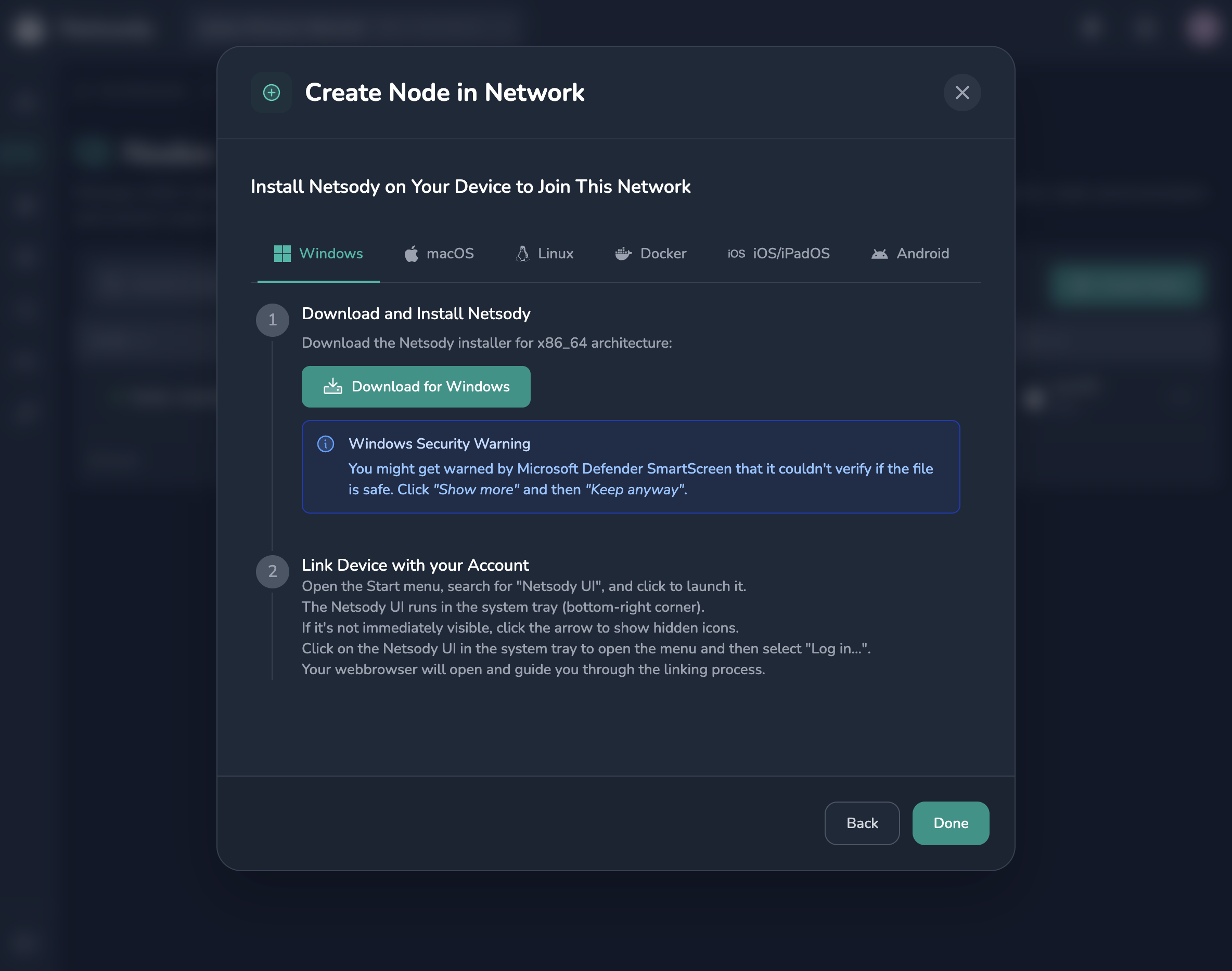 Netsody create node dialog with platform-specific setup instructions