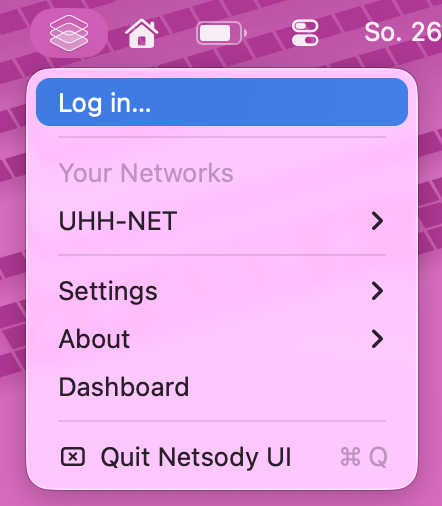 Netsody UI menu showing the Log in action