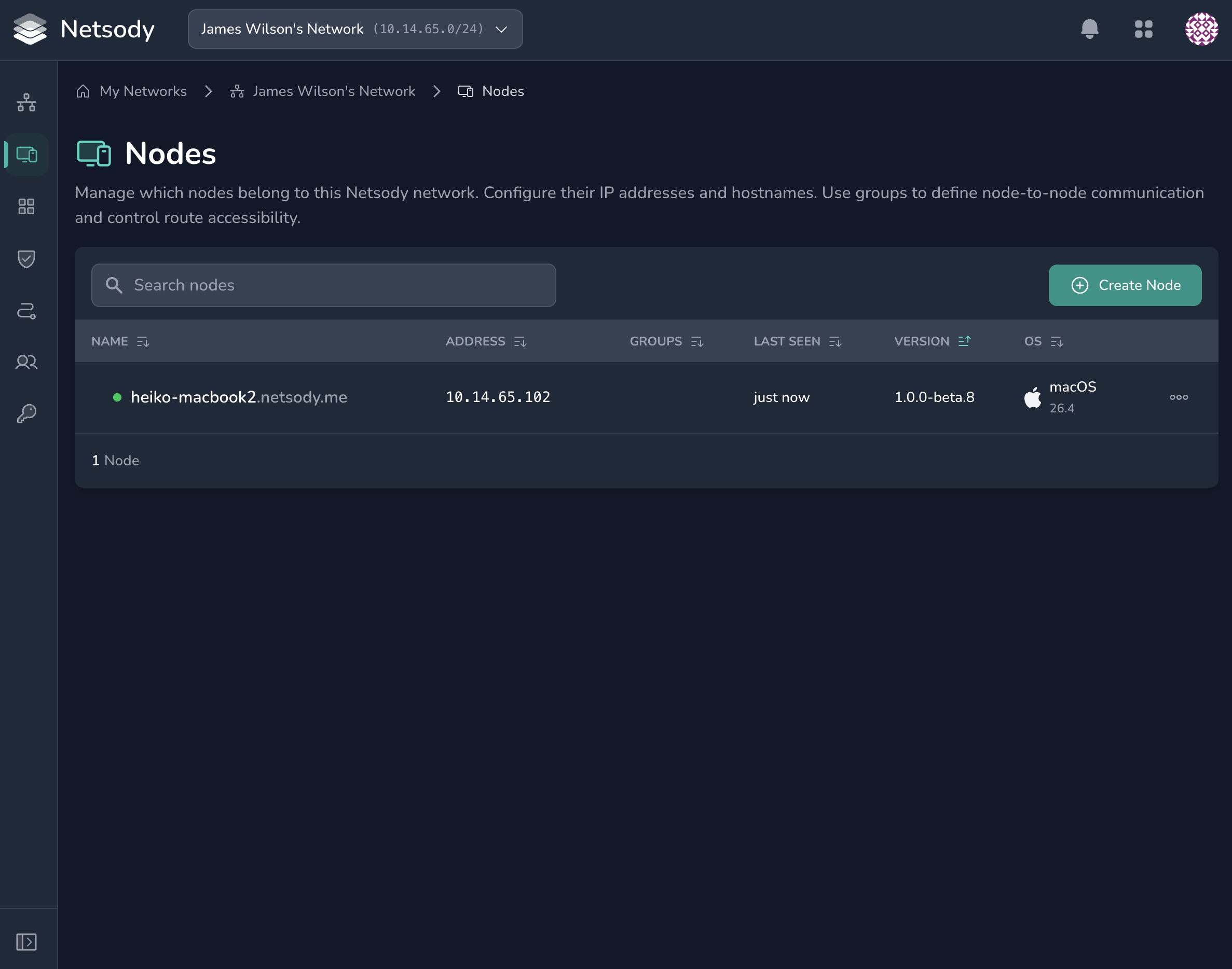Netsody Nodes page showing the Create Node button and the first node
