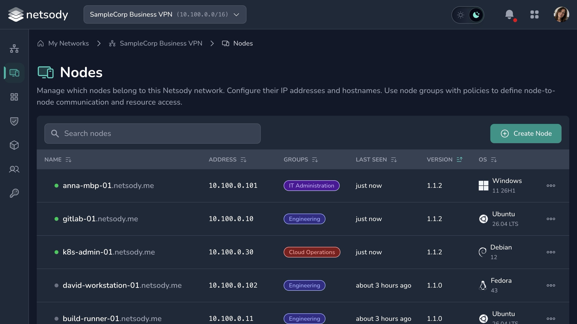 Netsody controller Nodes page showing node hostnames, addresses, groups, last-seen status, versions, and operating systems