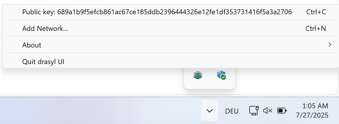 Netsody system tray application showing device public key